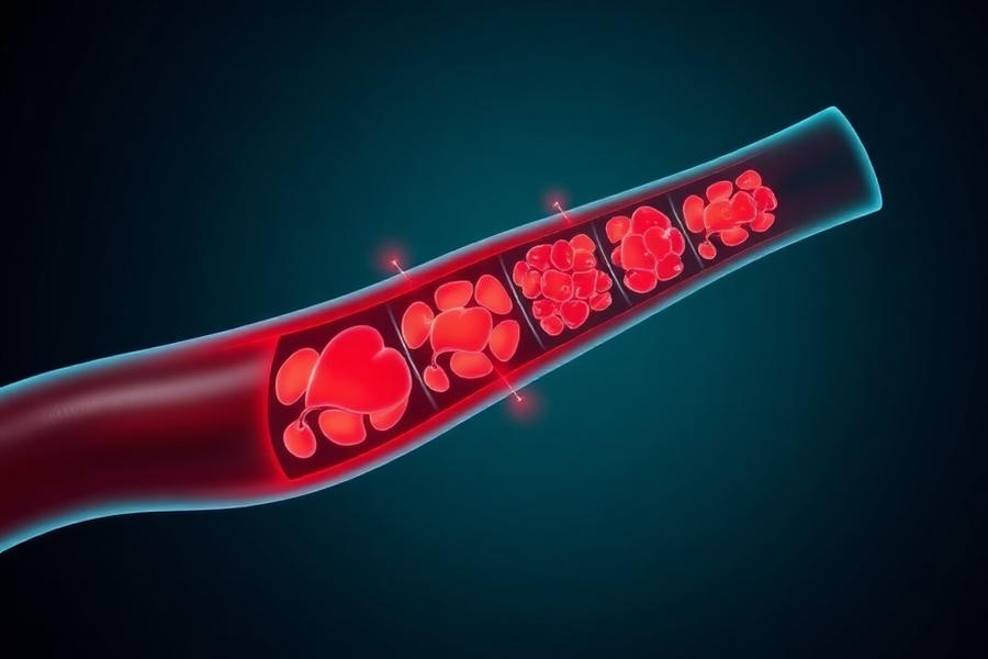 Illustration of atherosclerosis progression showing plaque buildup in blood vessels