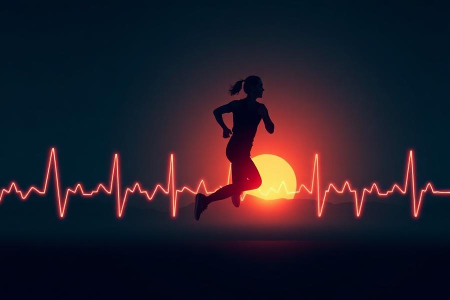 Runner at sunrise with heart rate line overlay representing cardiovascular fitness